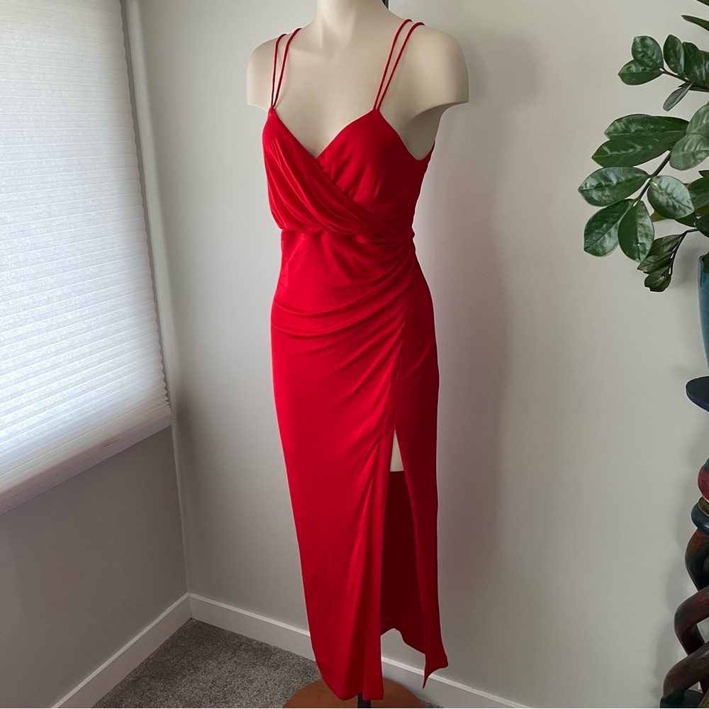 Bardot Lipstick Ruched Side Front Slit Strappy Maxi Cocktail Dress Red Side 6